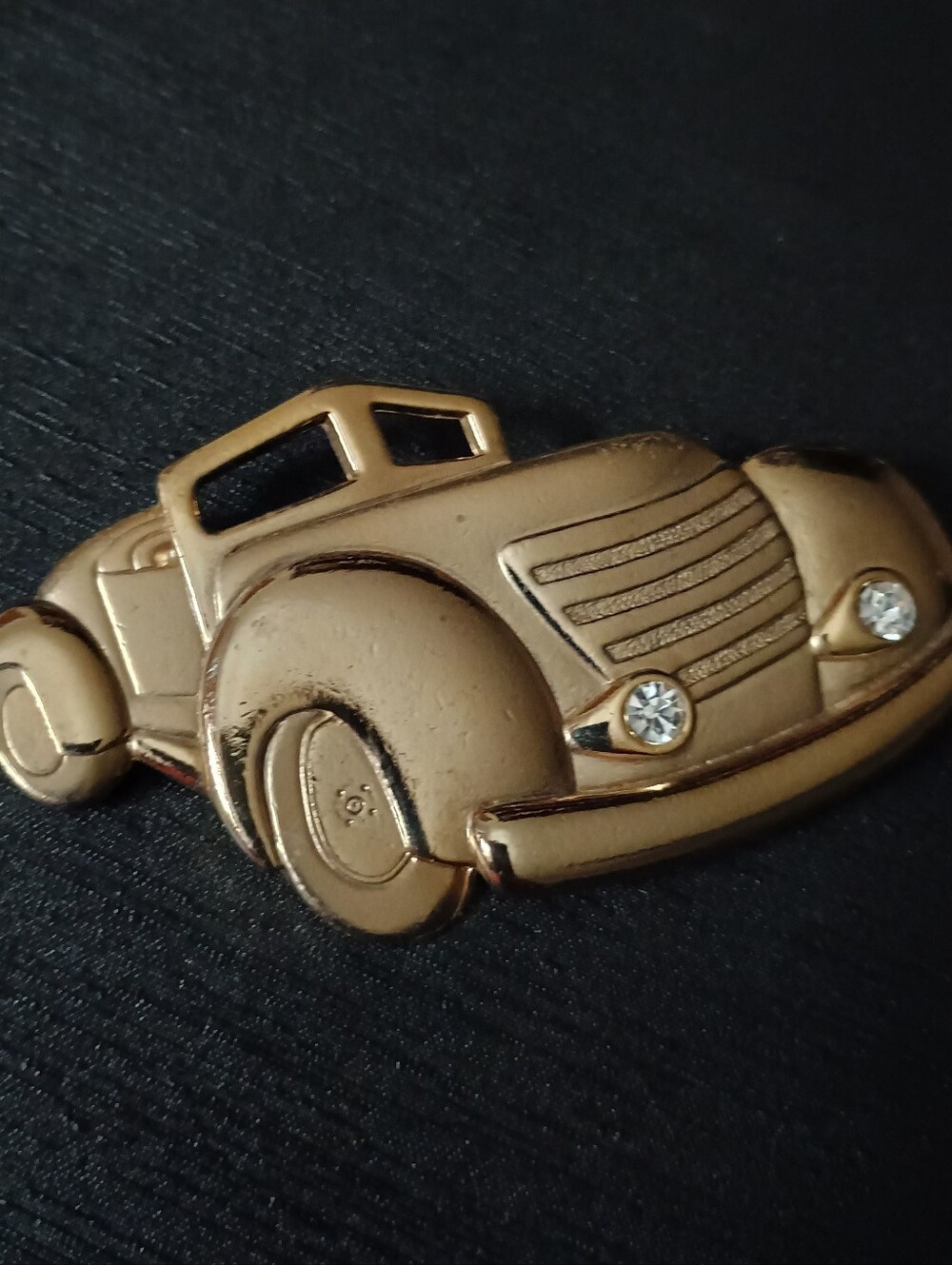 Vintage Gold Car Brooch with Clear Rhinestones